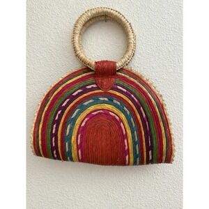 Hand Painted Rainbow Palm Straw Bag Half Circle Beach Tote Resort Beachy